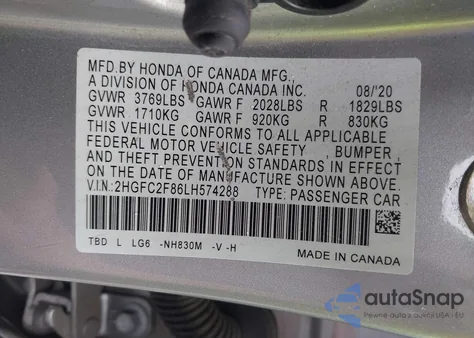 2020 Honda Civic Sport из США, поврежденный, VIN 2HGFC2F86LH574288